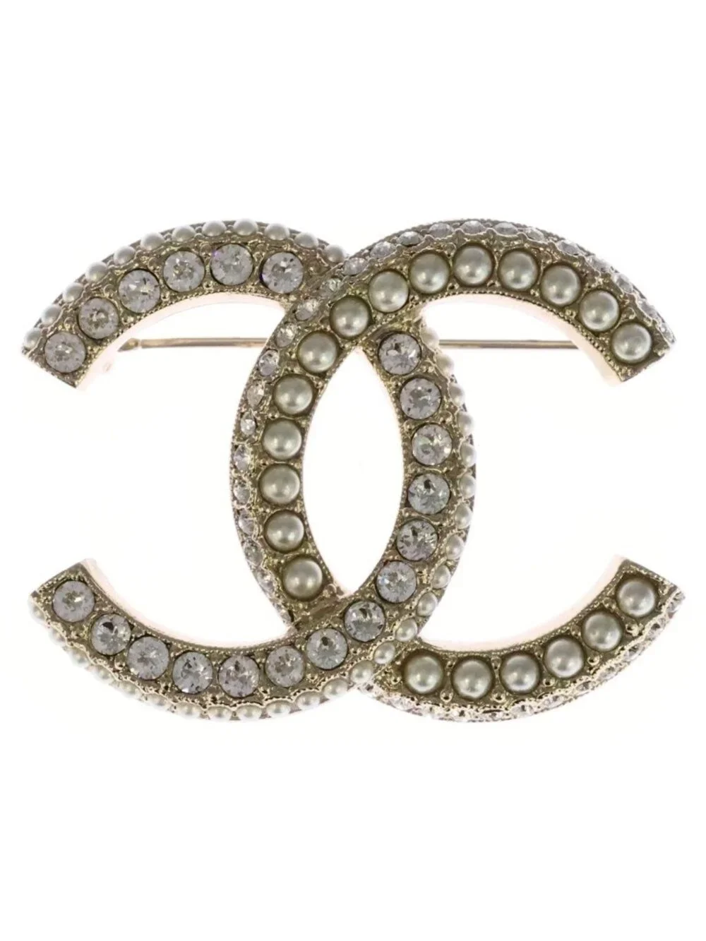 Chanel CC Logo Rhinestone Pearl Pin Badge Brooch Gold